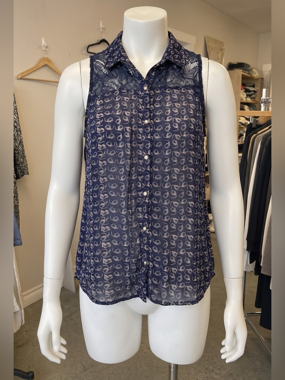 Atmosphere Navy Paisley Lace Sheer High Low Sleeveless Blouse Tank Top Sz UK 12